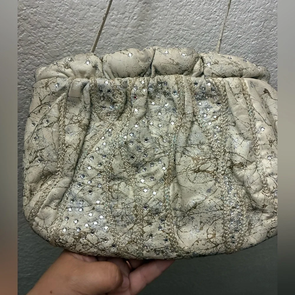 Vintage Rita Diana Elegant for Mylinka CreamWith Crystals Cinch Leather Bag